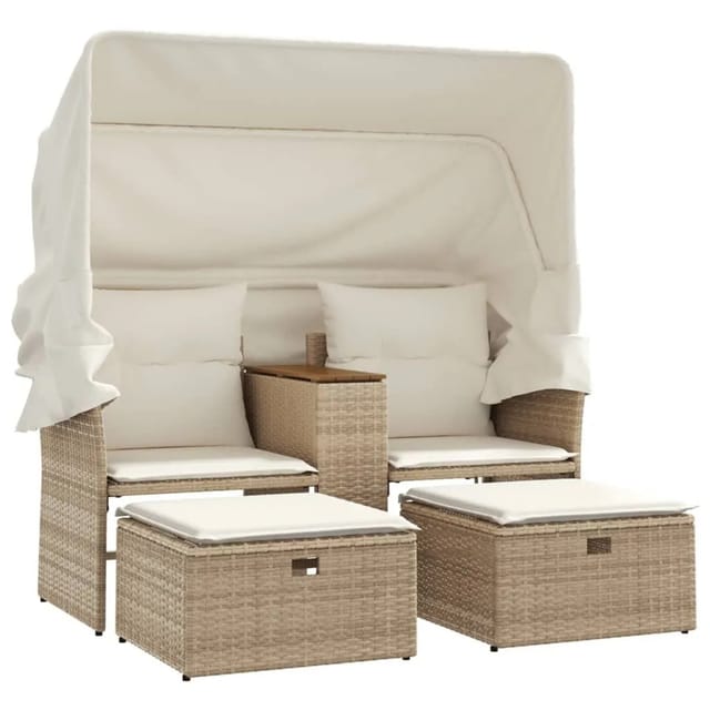vidaXL Gartensofa 2-Sitzer mit Dach und Hockern Beige Poly Rattan 365802