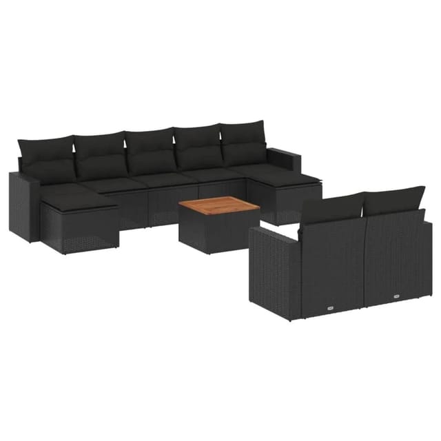 vidaXL 10-Tlg Garten-Sofagarnitur mit Kissen Schwarz Poly Rattan 3224333