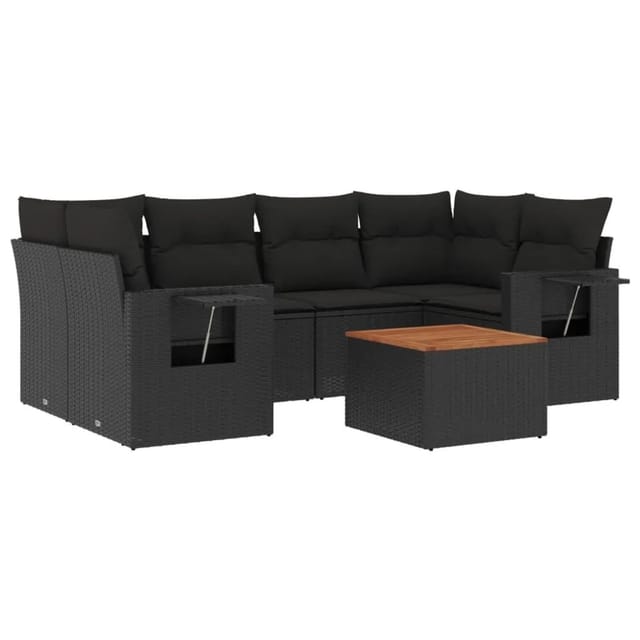 vidaXL 7-Tlg Garten-Sofagarnitur mit Kissen Schwarz Poly Rattan 3224459