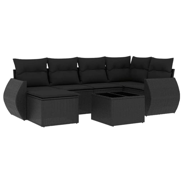 vidaXL 7-Tlg Garten-Sofagarnitur mit Kissen Schwarz Poly Rattan 3221664