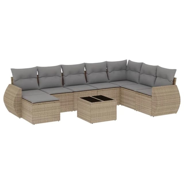 vidaXL 9-Tlg Garten-Sofagarnitur mit Kissen Beige Poly Rattan 3221768