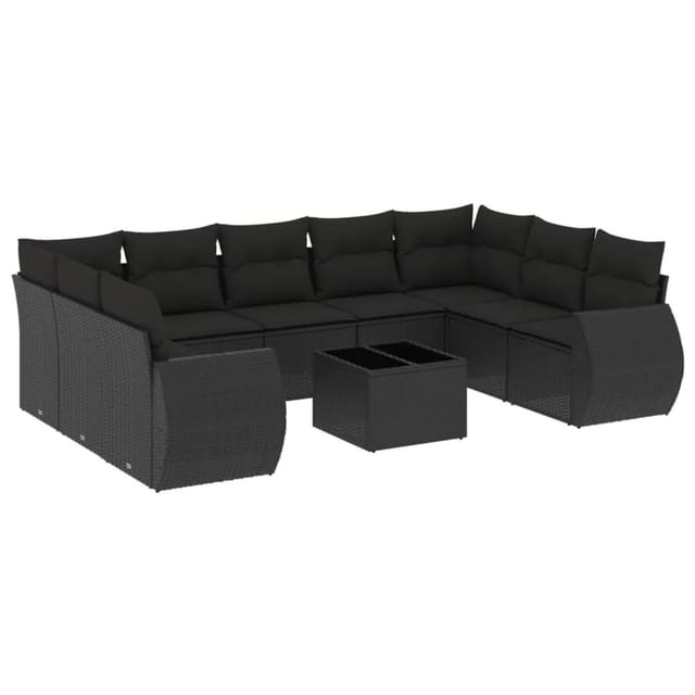 vidaXL 10-Tlg Garten-Sofagarnitur mit Kissen Schwarz Poly Rattan 3221804