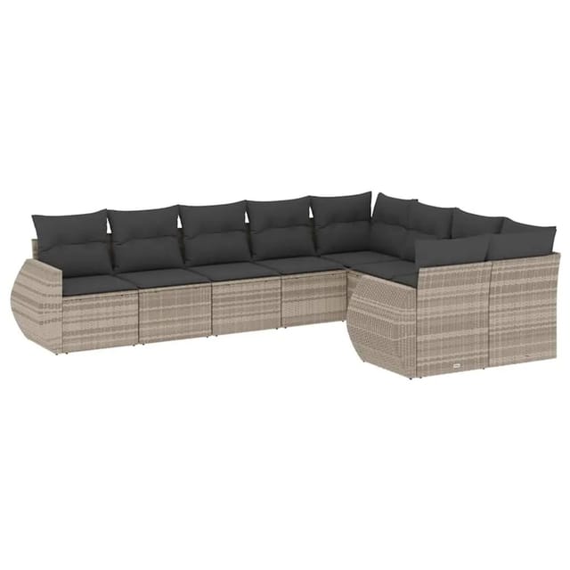 vidaXL 9-Tlg Garten-Sofagarnitur mit Kissen Hellgrau Poly Rattan 3221841