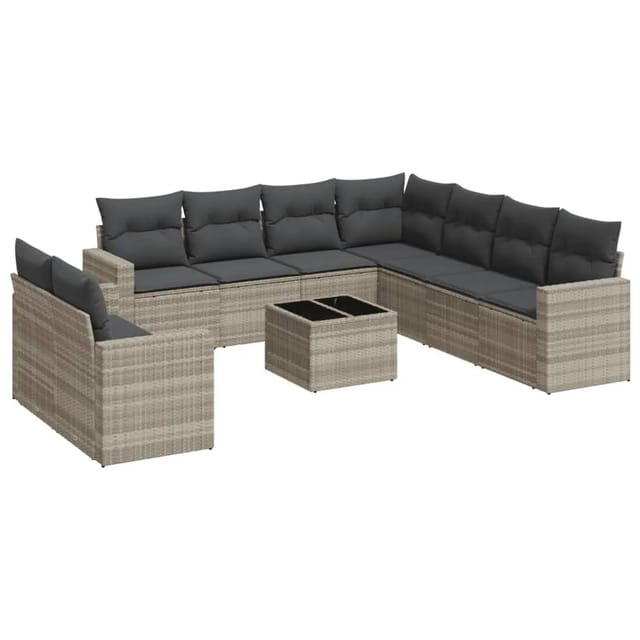 vidaXL 10-Tlg Garten-Sofagarnitur mit Kissen Hellgrau Poly Rattan 3251499
