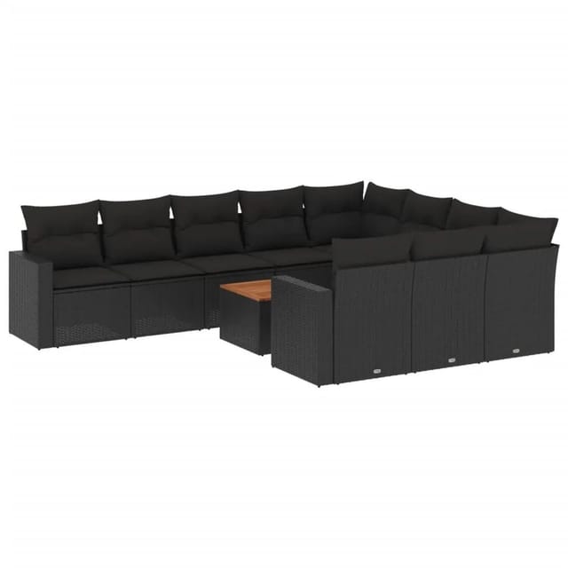 vidaXL 11-Tlg Garten-Sofagarnitur mit Kissen Schwarz Poly Rattan 3224298