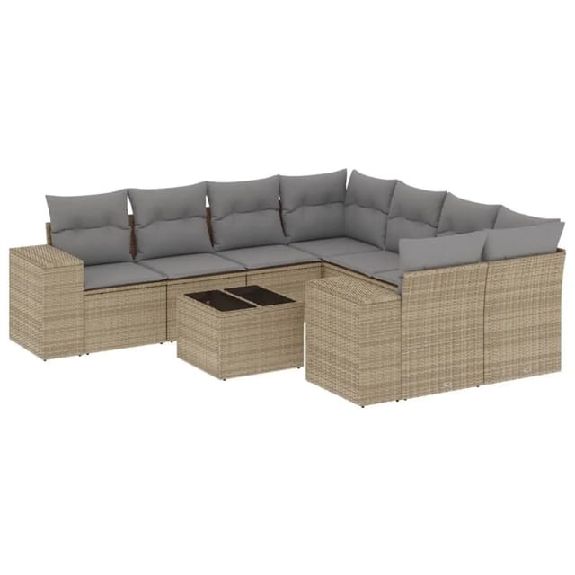 vidaXL 9-Tlg Garten-Sofagarnitur mit Kissen Beige Poly Rattan 3222358
