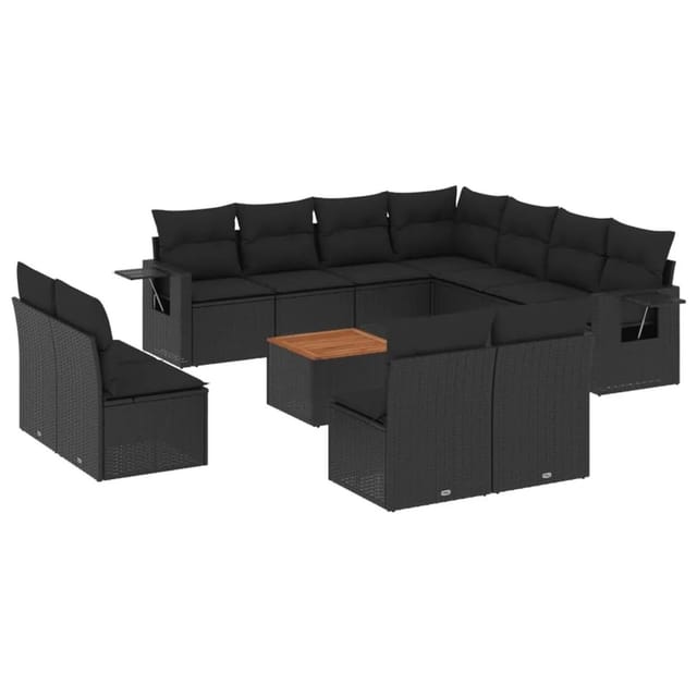 vidaXL 12-Tlg Garten-Sofagarnitur mit Kissen Schwarz Poly Rattan 3224620