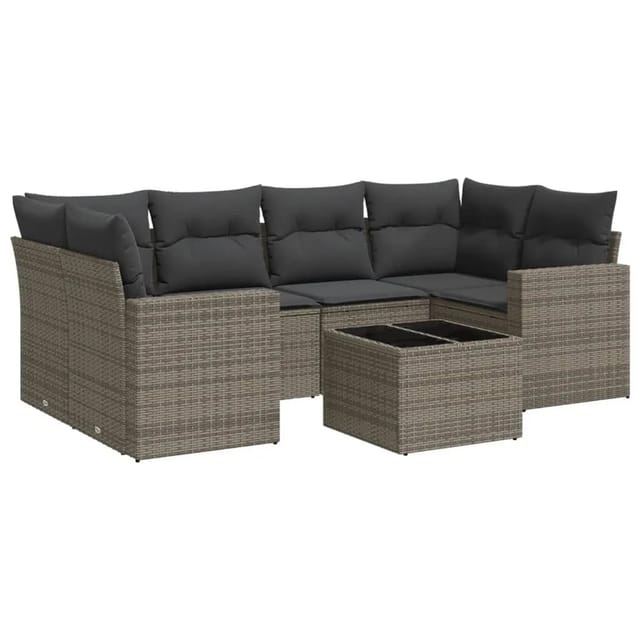vidaXL 7-Tlg Garten-Sofagarnitur mit Kissen Grau Poly Rattan 3251057