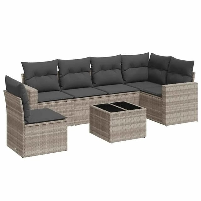 vidaXL 7-Tlg Garten-Sofagarnitur mit Kissen Hellgrau Poly Rattan 3251379