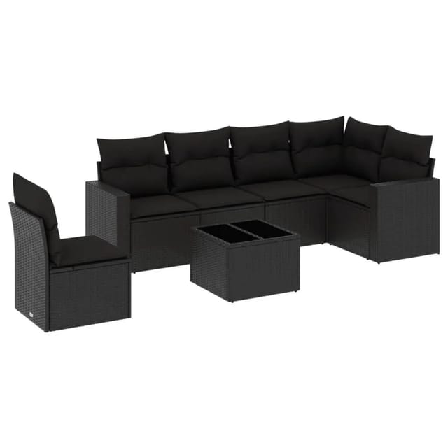 vidaXL 7-Tlg Garten-Sofagarnitur mit Kissen Schwarz Poly Rattan 3251372