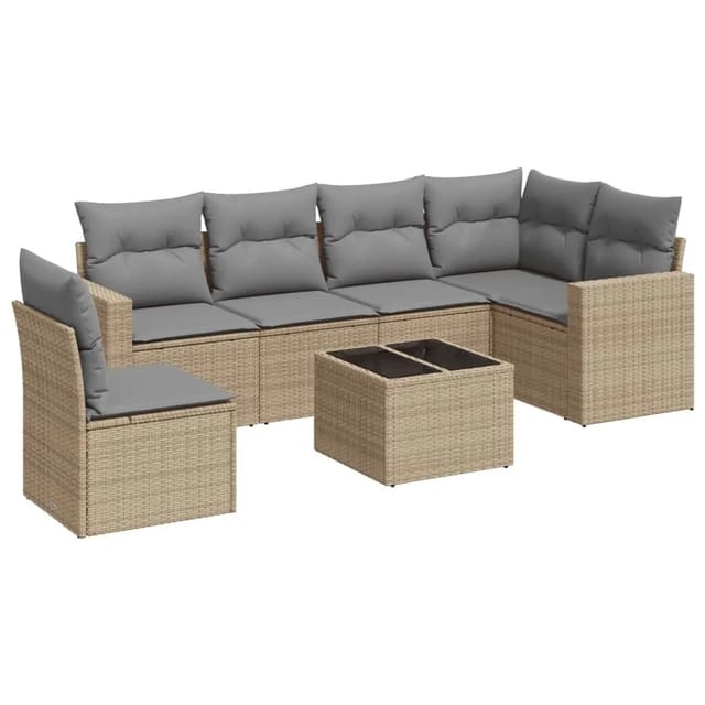 vidaXL 7-Tlg Garten-Sofagarnitur mit Kissen Beige Poly Rattan 3251376