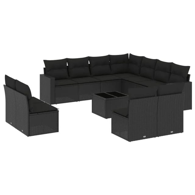 vidaXL 12-Tlg Garten-Sofagarnitur mit Kissen Schwarz Poly Rattan 3251472