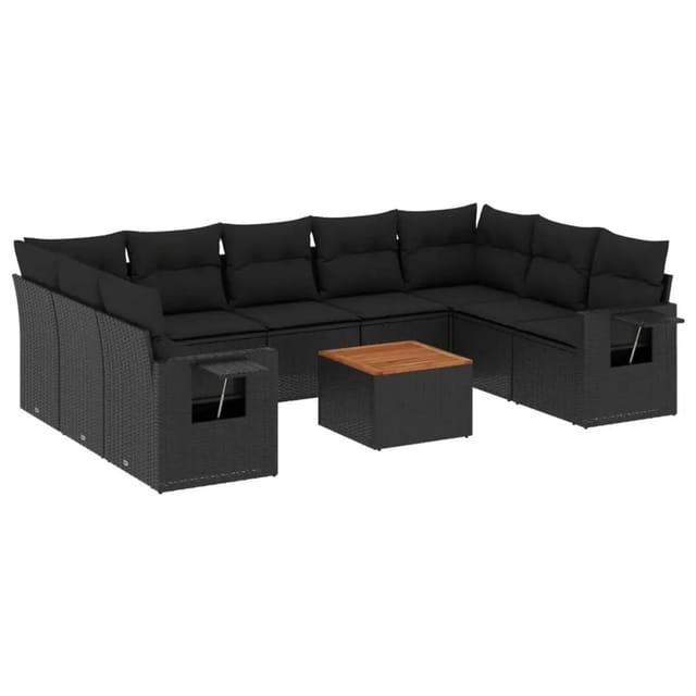 vidaXL 10-Tlg Garten-Sofagarnitur mit Kissen Schwarz Poly Rattan 3224704