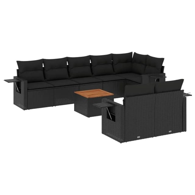 vidaXL 9-Tlg Garten-Sofagarnitur mit Kissen Schwarz Poly Rattan 3224648
