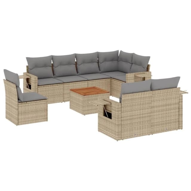 vidaXL 9-Tlg Garten-Sofagarnitur mit Kissen Beige Poly Rattan 3224659