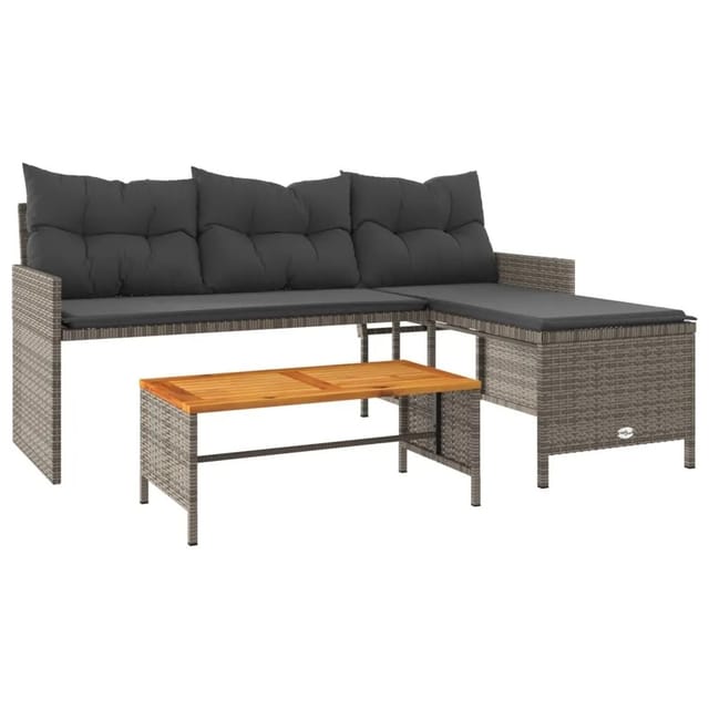 vidaXL Gartensofa in L-Form mit Tisch und Kissen Grau Poly Rattan 365582