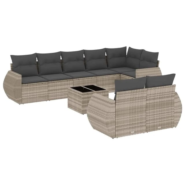vidaXL 9-Tlg Garten-Sofagarnitur mit Kissen Hellgrau Poly Rattan 3221631