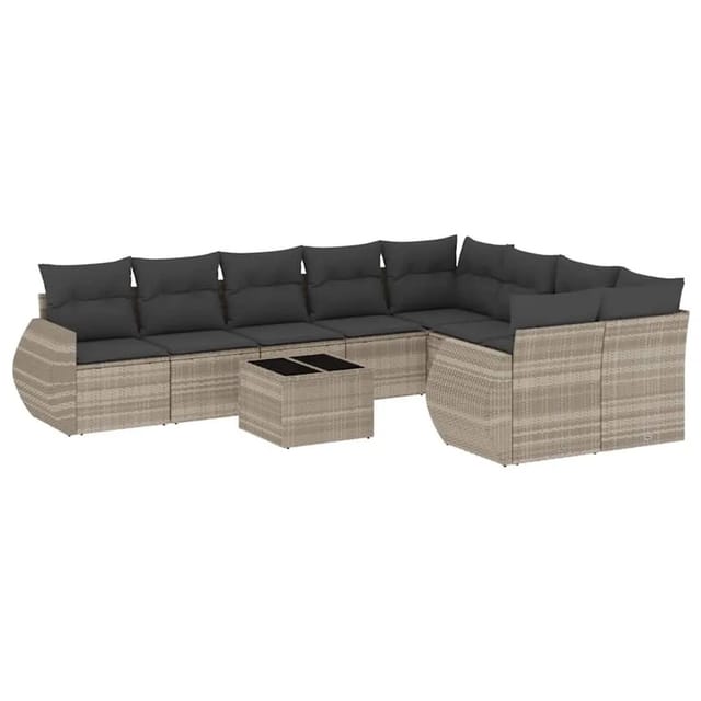 vidaXL 10-Tlg Garten-Sofagarnitur mit Kissen Hellgrau Poly Rattan 3221851