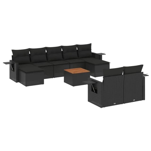 vidaXL 10-Tlg Garten-Sofagarnitur mit Kissen Schwarz Poly Rattan 3224774