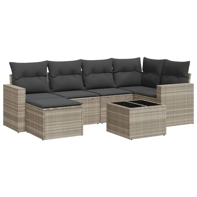 vidaXL 7-Tlg Garten-Sofagarnitur mit Kissen Hellgrau Poly Rattan 3251609