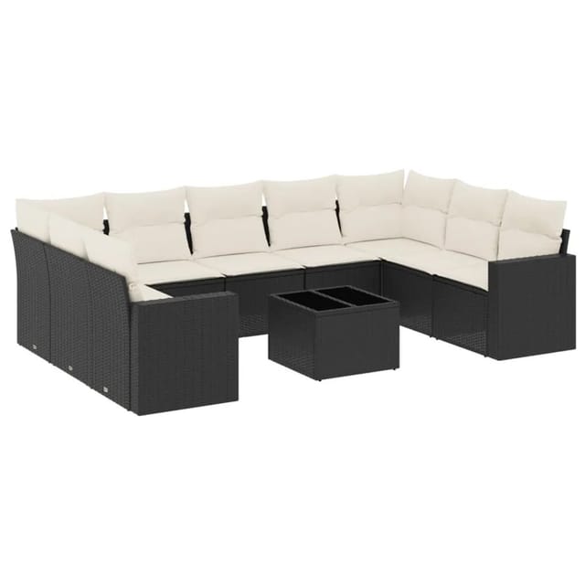 vidaXL 10-Tlg Garten-Sofagarnitur mit Kissen Schwarz Poly Rattan 3251743