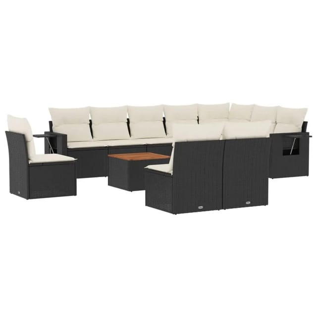 vidaXL 11-Tlg Garten-Sofagarnitur mit Kissen Schwarz Poly Rattan 3224614