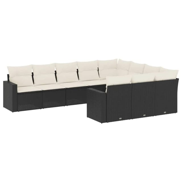 vidaXL 10-Tlg Garten-Sofagarnitur mit Kissen Schwarz Poly Rattan 3251823