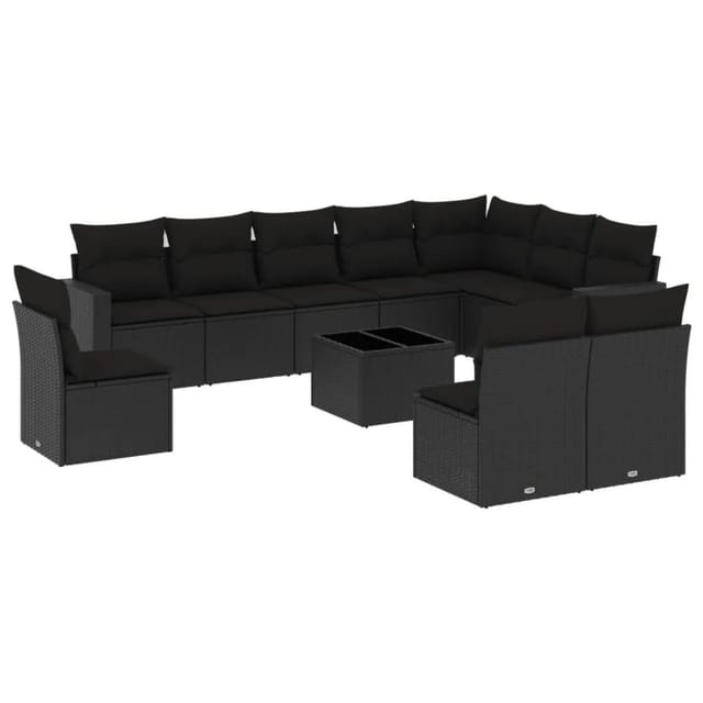 vidaXL 11-Tlg Garten-Sofagarnitur mit Kissen Schwarz Poly Rattan 3251452