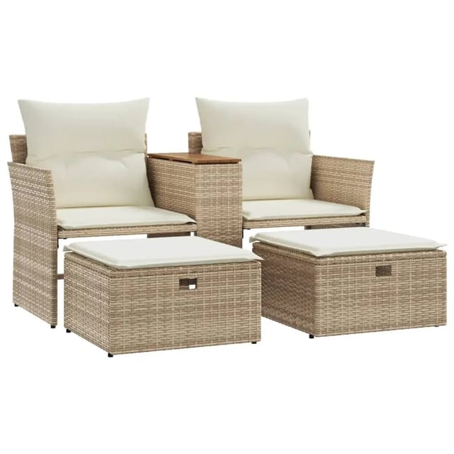 vidaXL Gartensofa 2-Sitzer mit Hockern Beige Poly Rattan 365805