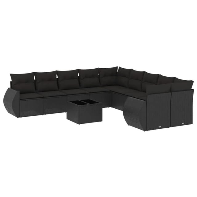 vidaXL 11-Tlg Garten-Sofagarnitur mit Kissen Schwarz Poly Rattan 3221914