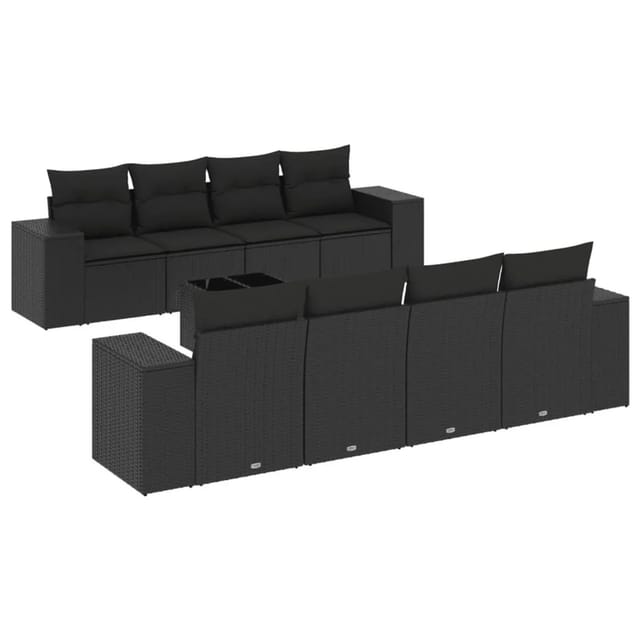 vidaXL 9-Tlg Garten-Sofagarnitur mit Kissen Schwarz Poly Rattan 3222344