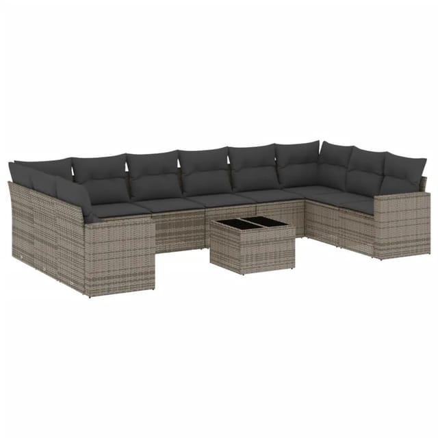 vidaXL 11-Tlg Garten-Sofagarnitur mit Kissen Grau Poly Rattan 3251817