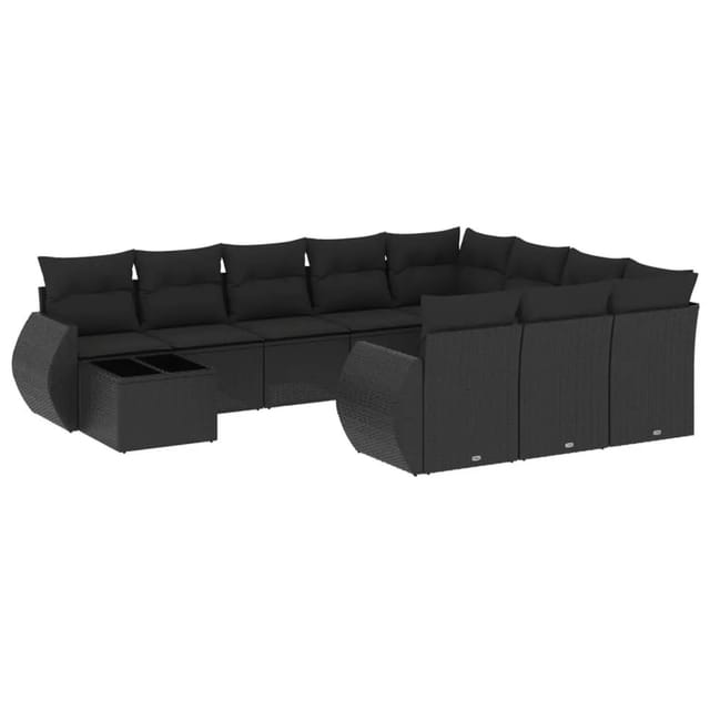 vidaXL 11-Tlg Garten-Sofagarnitur mit Kissen Schwarz Poly Rattan 3221924