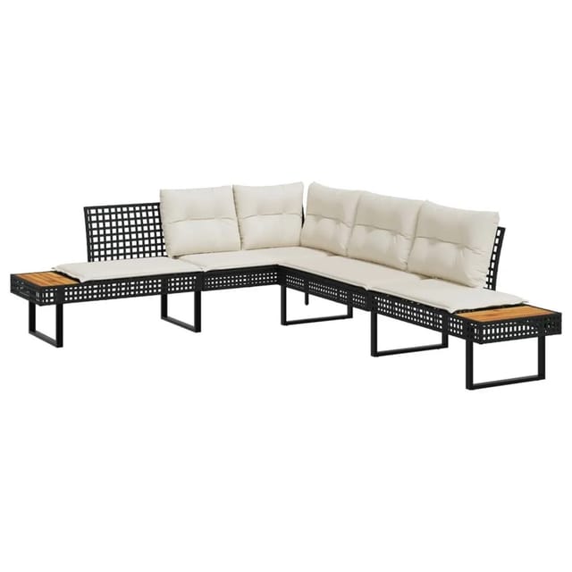 vidaXL Gartensofa in L-Form mit Kissen Schwarz Poly Rattan und Akazie 365634