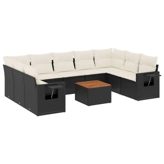 vidaXL 10-Tlg Garten-Sofagarnitur mit Kissen Schwarz Poly Rattan 3224705