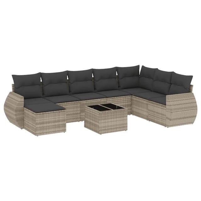 vidaXL 9-Tlg Garten-Sofagarnitur mit Kissen Hellgrau Poly Rattan 3221771