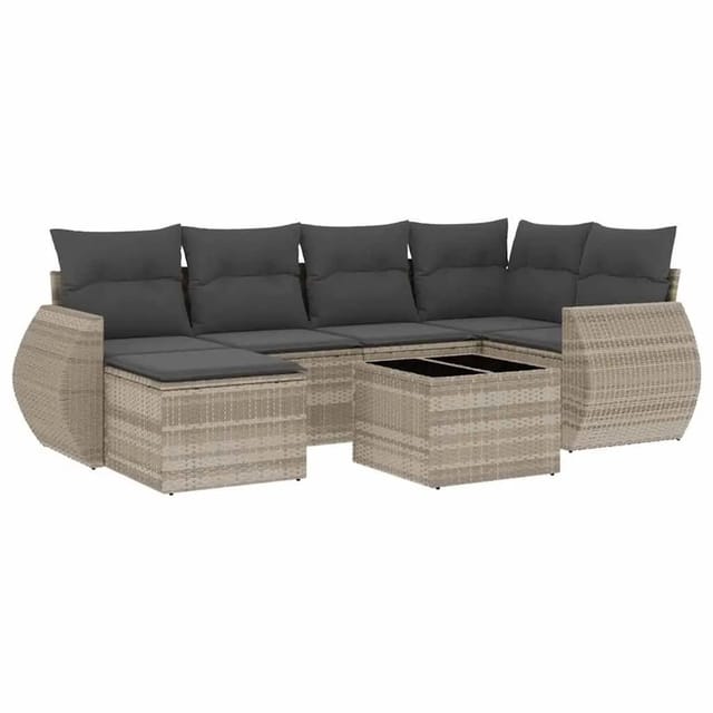 vidaXL 7-Tlg Garten-Sofagarnitur mit Kissen Hellgrau Poly Rattan 3221671