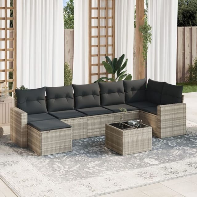 vidaXL 8-Tlg Garten-Sofagarnitur mit Kissen Hellgrau Poly Rattan 3251629
