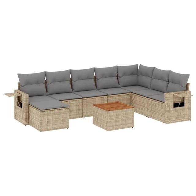 vidaXL 9-Tlg Garten-Sofagarnitur mit Kissen Beige Poly Rattan 3224701