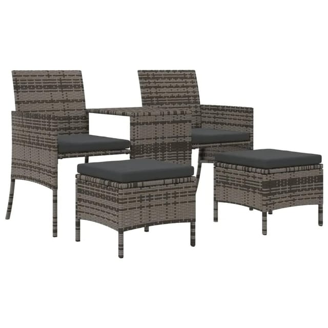 vidaXL Gartensofa 2-Sitzer mit Tisch und Hockern Grau Poly Rattan 317627