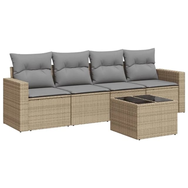 vidaXL 5-Tlg Garten-Sofagarnitur mit Kissen Beige Poly Rattan 3251026