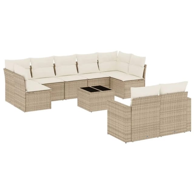vidaXL 10-Tlg Garten-Sofagarnitur mit Kissen Beige Poly Rattan 3251765