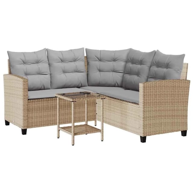 vidaXL Gartensofa in L-Form mit Tisch und Kissen Beige Poly Rattan 4103875