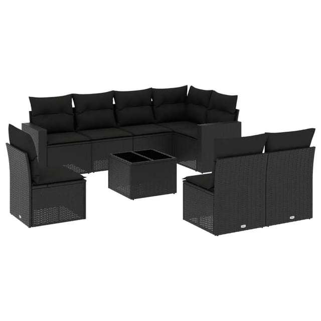 vidaXL 9-Tlg Garten-Sofagarnitur mit Kissen Schwarz Poly Rattan 3251412