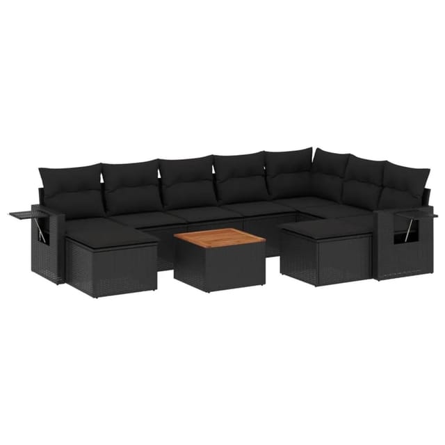 vidaXL 10-Tlg Garten-Sofagarnitur mit Kissen Schwarz Poly Rattan 3224844