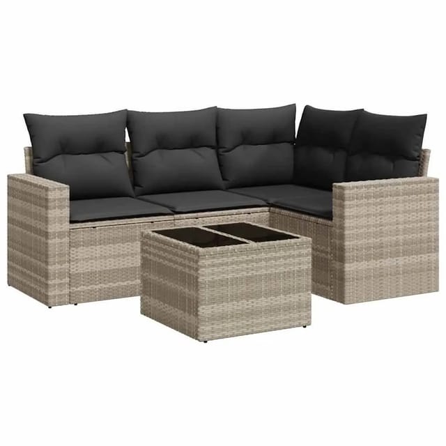 vidaXL 5-Tlg Garten-Sofagarnitur mit Kissen Hellgrau Poly Rattan 3251259