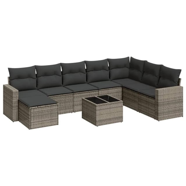vidaXL 9-Tlg Garten-Sofagarnitur mit Kissen Grau Poly Rattan 3251707