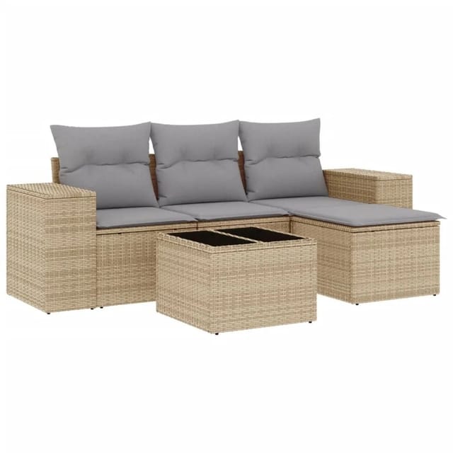 vidaXL 5-Tlg Garten-Sofagarnitur mit Kissen Beige Poly Rattan 3222478