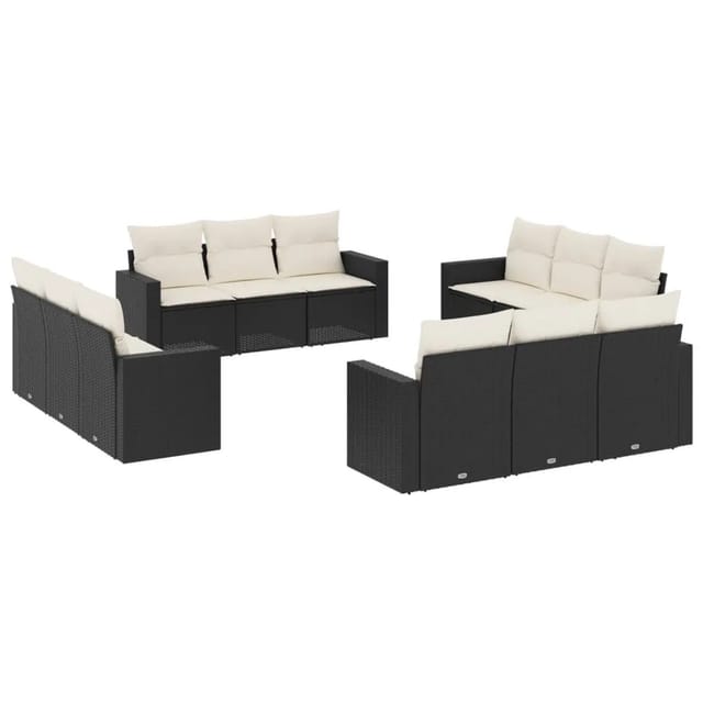 vidaXL 12-Tlg Garten-Sofagarnitur mit Kissen Schwarz Poly Rattan 3251103