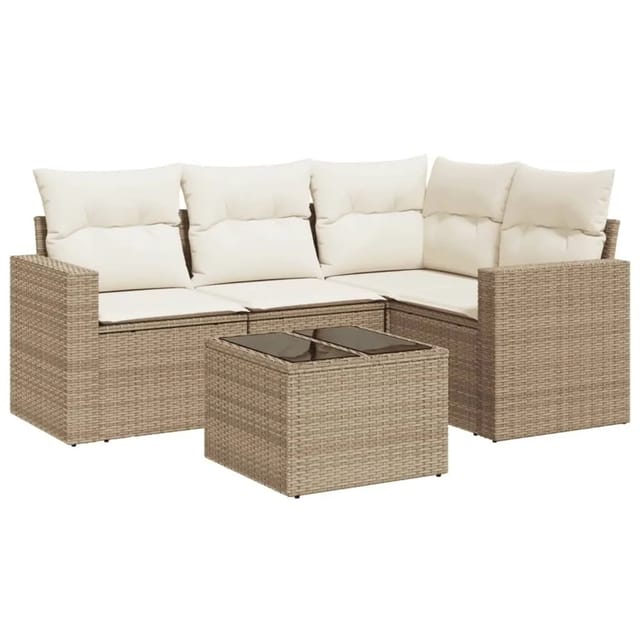 vidaXL 5-Tlg Garten-Sofagarnitur mit Kissen Beige Poly Rattan 3251255
